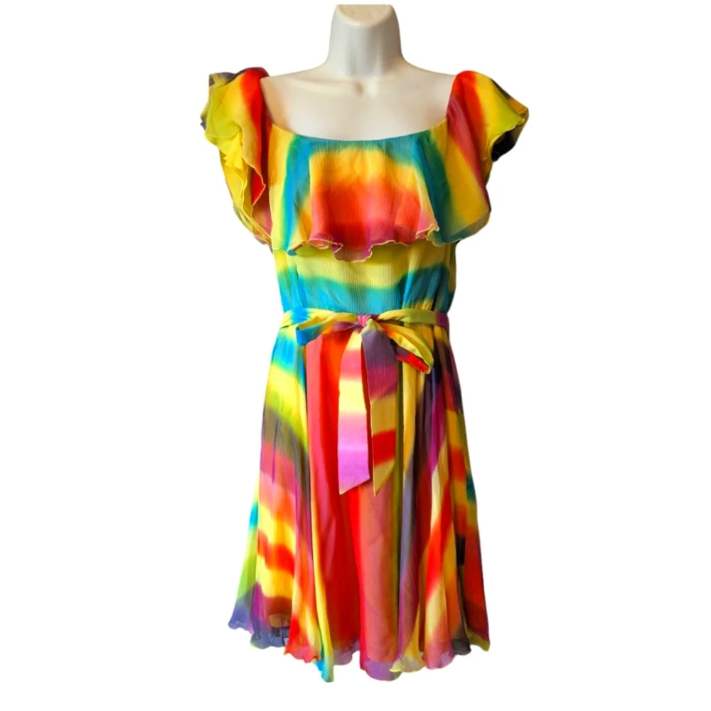 💥SALE💥 Alice + Olivia Vibrant Multicolor Rainbow Ruffle Dress 100% Silk Sz. M - Picture 1 of 13